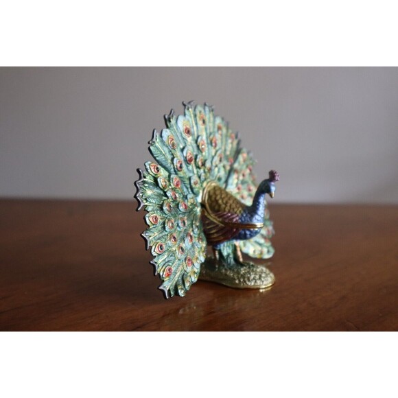 Vintage Rucinni Swarovski Crystal Accented Peacock Hinged Trinket Box SIGNED - Picture 11 of 12